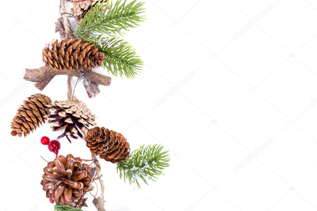 christmas decoration cones border isolated on white