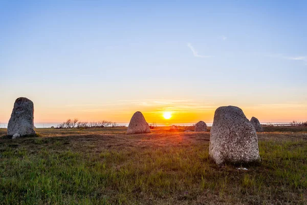 Sunset Stoneship Megalithic Monument Stones Land Sweden — Stock Photo, Image