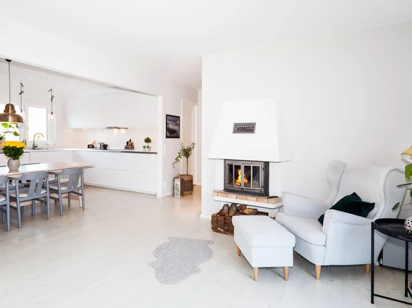 foreground fancy living room with lit fire in fireplace in the background