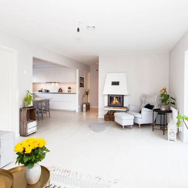 foreground fancy living room with lit fire in fireplace in the background