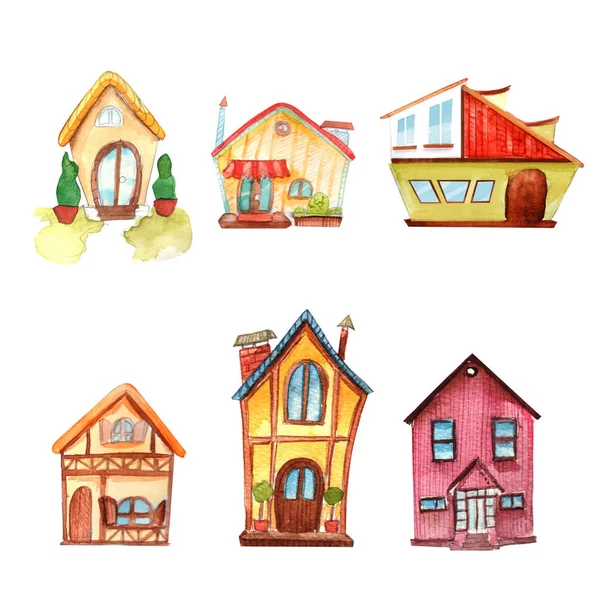 Roztomilý Akvarel Ručně Nakreslím Domy — Stock fotografie