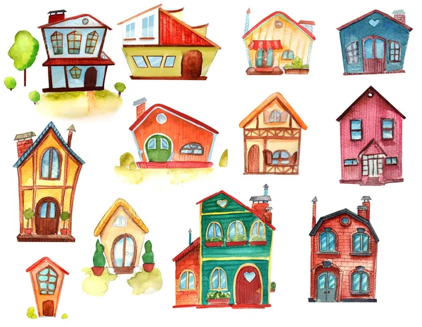 Akvarelu Roztomilý Domy Pro Každý Případ — Stock fotografie