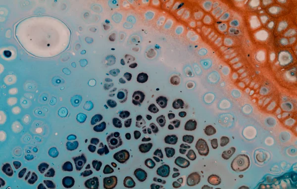 Abstract Acrylic Pour Painting With Cells, White Copper Blue Turquoise