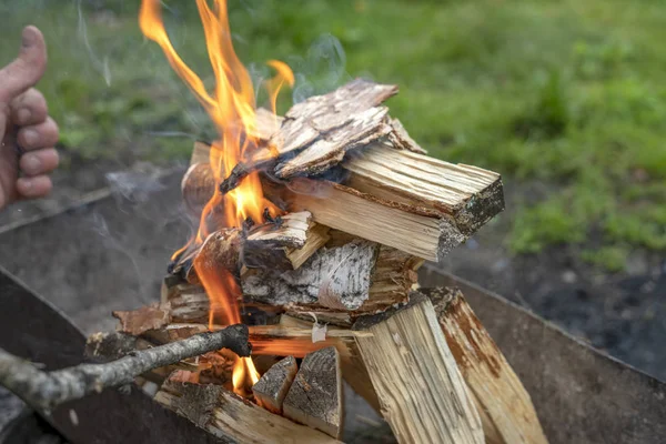 Plamen Dřeva Hoří Pánev Během Přípravy Vaření Bbq — Stock fotografie