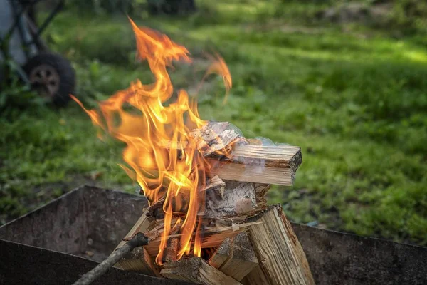 在准备烹饪 Bbq 过程中 火盆里燃烧木材的火焰 — 图库照片
