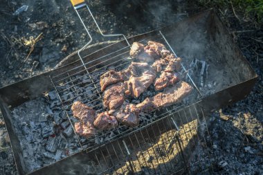 Barbeküde pişmiş kavrulmuş et. Barbekü sığır eti taze et chop dilimleri. 