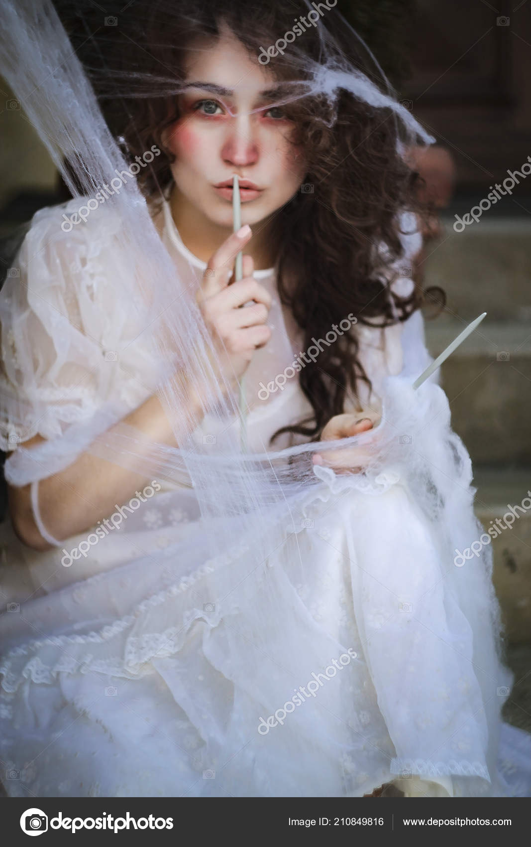 Beauty Portrait Beautiful Brunette Girl Halloween Spiderweb