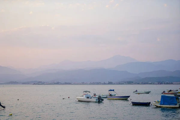 Hora Noite Quando Luz Dia Desapareceu Fethiye Barcos Praia — Fotografia de Stock