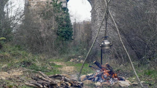 Fogo Que Foi Queimado Para Cozinhar Floresta — Fotografia de Stock