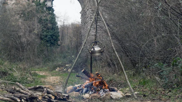 The fire that was burned to cook in the woods.
