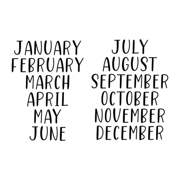 Set de Meses con Letras de Mano. Enero, febrero, marzo, abril, mayo, junio, julio, agosto, septiembre, octubre, noviembre, diciembre . — Archivo Imágenes Vectoriales