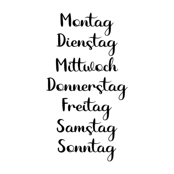 Handbrev veckans dagar på tyska. Översatt måndag, tisdag, onsdag, torsdag, fredag, lördag, söndag — Stock vektor