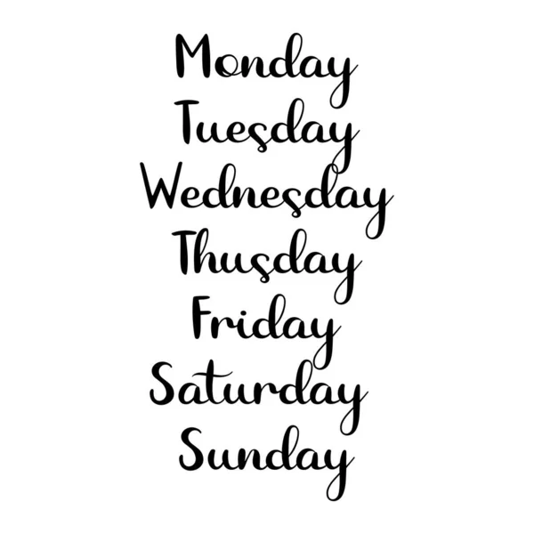 Ręcznie pisane dni tygodnia. Słowa kaligrafii Poniedziałek, wtorek, środa, czwartek, piątek, sobota, niedziela. Listy do kalendarza, Planer — Wektor stockowy
