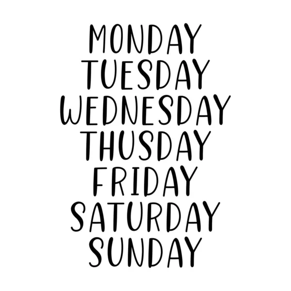 Hand Lettered Days of the Week. Palabras de caligrafía Lunes, martes, miércoles, jueves, viernes, sábado, domingo. Letras para Calendario, Planificador — Archivo Imágenes Vectoriales