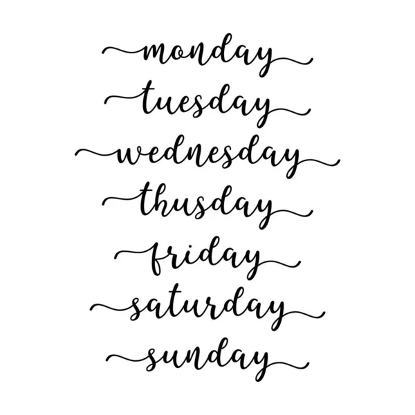 Листі дні тижня. Слова каліграфії - понеділок, вівторок, середа, четвер, п'ятниця, субота, неділя. Послання до календаря, планування — стоковий вектор
