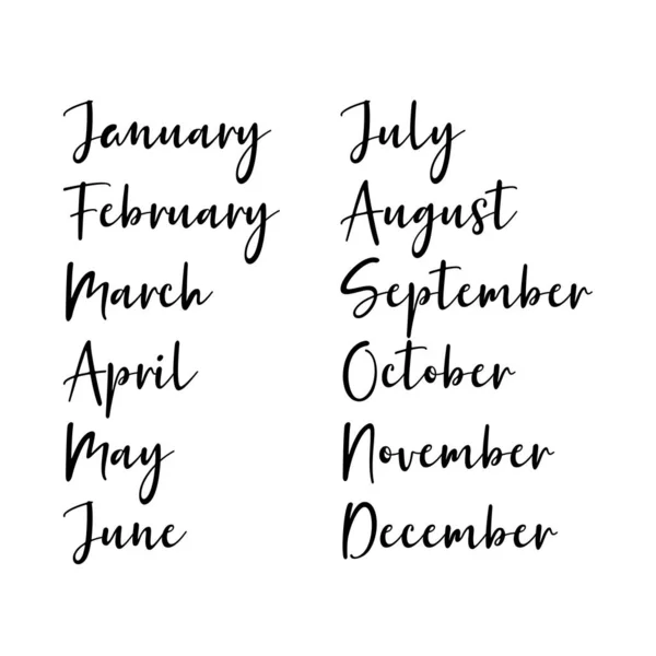 "Hand Lettered Months of the Year Set". Январь, Февраль, Март, Апрель, Май, Июнь, Июль, Август, Сентябрь, Октябрь, Ноябрь, Декабрь — стоковый вектор