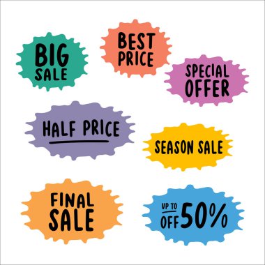 El yazısıyla yazılmış satış etiketleri. En İyi Fiyat, Özel Teklif, Son Sezon Satışı, 50 'ye kadar indirimli fiyat