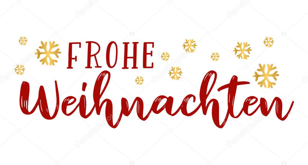 Frohe Weihnachten quote in German as logo or header. Translated Merry Christmas. Celebration Lettering for poster, card, invitation.