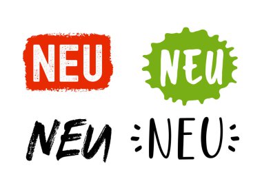 Almanca NEU kelimesi elle çizilmiş. Çeviri YENİ. Broşür, poster, reklam, etiket için ticari harfler çizilmiş..