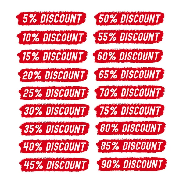 Esquissé à la main DISCOUNT mot tel que défini. étiquettes de vente 5 off, 10, 15, 20, 25, 30, 35, 40, 45, 50, 55, 60, 65, 70 pour cent étiquette — Image vectorielle