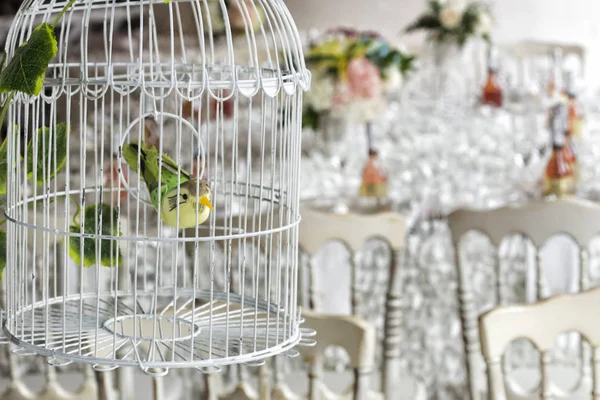 table with birds as decoration- Table of wedding decoration in elegant style. white tablecloth, glass plates and glasses. Pot with hydrangea and decoration with vintage birds