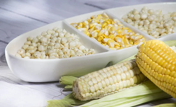 Maize Cob Yellow Corn Kernels White Glass Vase White Wooden — Stock Photo, Image