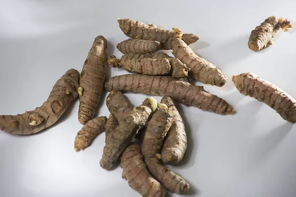 Raw Organic Orange Turmeric Root Turmeric Longa White Background Food — 스톡 사진