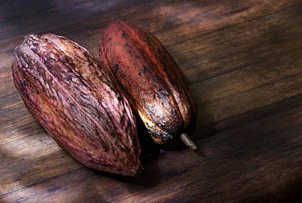 Beyaz krem ahşap arka plan üzerinde izole Theobroma kakao-kakao bakla