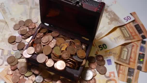 Muchas Monedas Billetes Euros Dinero — Vídeos de Stock