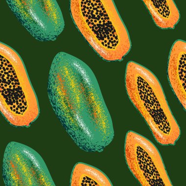 Papaya seamless modeli vintage tarzı Botanik ile yeşil bir arka plan üzerinde çizilmiş şekil ver. Kumaş, moda, kafe, Restoran ve meyve pazarı için kullanabilirsiniz.