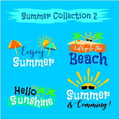 Etiketler, logolar, illüstrasyon elle çizilmiş Etiketler ve öğeleri ayarla yaz tatil, seyahat, plaj tatil için yaz. Afiş, poster, giyim, reklamları ve mavi zemin üzerine davet için kullanabilirsiniz