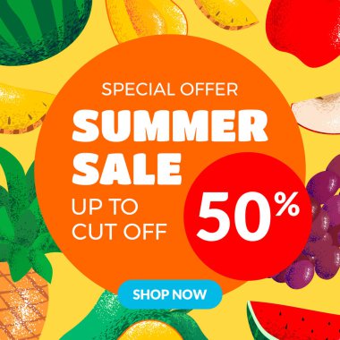 Mango, ananas, kırmızı elma, üzüm ve karpuz meyve parçaları ile yaz satış banner. egzotik meyve tasarım afiş, illüstrasyon, davet, poster, web sitesi veya tebrik kartı.