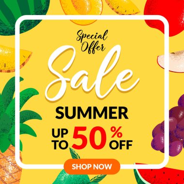 Mango, ananas, kırmızı elma, üzüm ve karpuz meyve parçaları ile yaz satış banner. egzotik meyve tasarım afiş, illüstrasyon, davet, poster, web sitesi veya tebrik kartı.