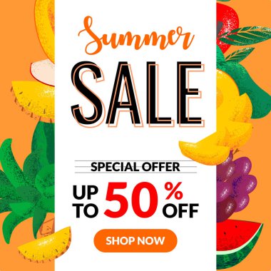 Mango, ananas, kırmızı elma, üzüm ve karpuz meyve parçaları ile yaz satış banner. egzotik meyve tasarım afiş, illüstrasyon, davet, poster, web sitesi veya tebrik kartı.