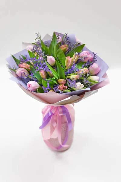 Bouquet Touchant Tulipes Roses Papier Multicolore — Photo
