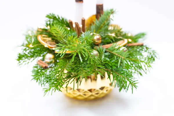 Christmas Arrangement Fir Branches Basket — Stock Photo, Image