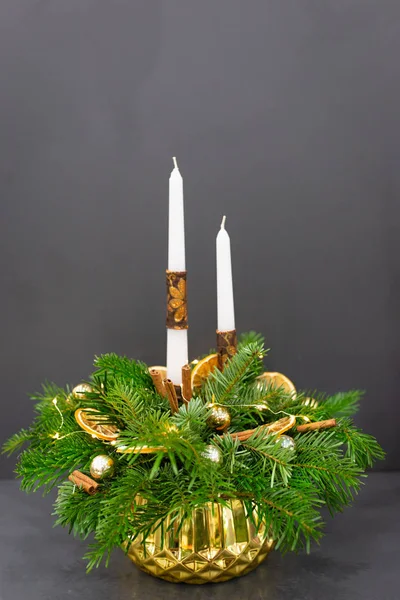 Christmas Composition Candles Branches Spruce Jewelry Toys — Stock Photo, Image