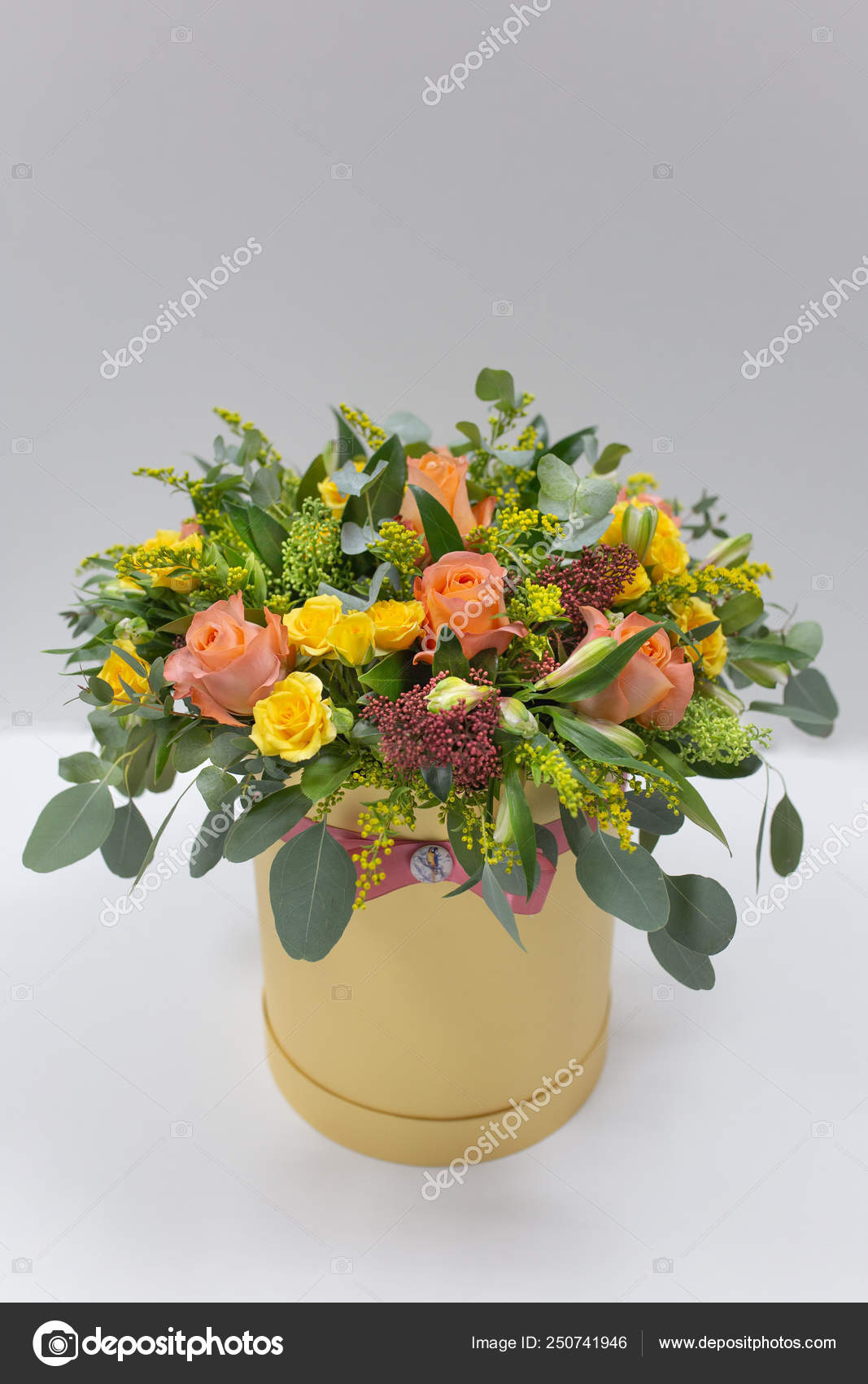 Cheerful Flower Arrangement Color Yellow Orange Green Pink Hat Box