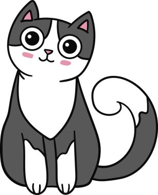 Büyük gözleri ve beyaz benekleri olan sevimli gri kedi oturuyor.