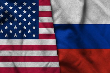 Birleşik Devletler bayrağının dalgalı saten kumaş logosu ve Rus ulusal bayrağının birleşimi.