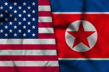 Birleşik Devletler bayrağının dalgalı saten kumaş logosu Kuzey Kore ulusal bayrağının bir kombinasyonuyla