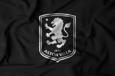 Pringsewu, Lampung; 7 Eylül 2025; Aston Villa Club Logo Rozeti, İngiliz Premier Ligi Sembolü, Banner Flying on Black Background