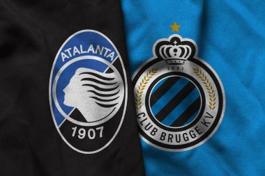 Pringsewu, Lampung; 16 Eylül 2025; UEFA Şampiyonlar Ligi maçında Club Brugge ile Atalanta futbol kulübü logosunun orijinal dalgalı kumaşı