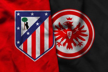 Pringsewu, Lampung; 16 Eylül 2025; UEFA Şampiyonlar Ligi maçında Eintracht Frankfurt 'a karşı Atletico Madrid futbol kulübü logosunun orijinal dalgalı kumaşı