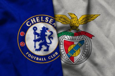 Pringsewu, Lampung; 16 Eylül 2025; UEFA Şampiyonlar Ligi maçında Chelsea futbol kulübü logosunun orijinal dalgalı kumaşı Benfica 'ya karşı