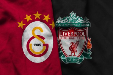 Pringsewu, Lampung; 16 Eylül 2025; UEFA Şampiyonlar Ligi maçında Liverpool 'a karşı Galatasaray futbol kulübü logosunun orijinal dalgalı kumaşı