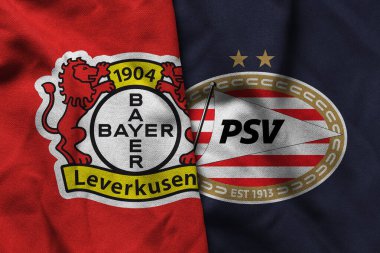 Pringsewu, Lampung; 16 Eylül 2025; UEFA Şampiyonlar Ligi maçında PSV 'ye karşı Bayer Leverkusen futbol kulübü logosunun orijinal dalgalı kumaşı