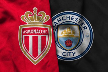 Pringsewu, Lampung; 16 Eylül 2025; UEFA Şampiyonlar Ligi maçında Manchester City ile AS Monaco futbol kulübü logosunun orijinal dalgalı kumaşı