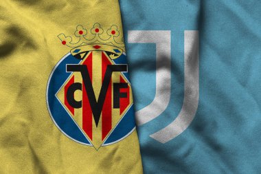Pringsewu, Lampung; 16 Eylül 2025; UEFA Şampiyonlar Ligi maçında Juventus 'a karşı Villarreal futbol kulübü logosunun orijinal dalgalı kumaşı