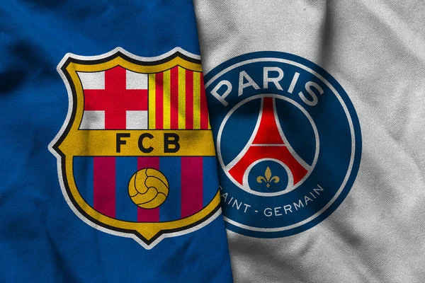 Pringsewu, Lampung; 16 Eylül 2025; UEFA Şampiyonlar Ligi maçında PSG 'ye karşı Barcelona futbol kulübü logosunun orijinal dalgalı kumaşı